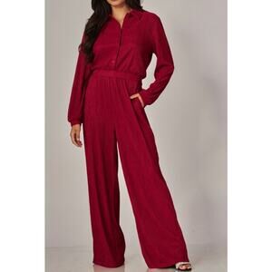 Crinkled Plisse Button Up Casual Jumpsuit